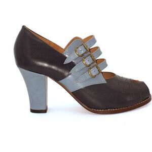 Re-mix Classic Vintage Blue Aviator Buckles Triple Arch Straps Peep toe Size 8.5